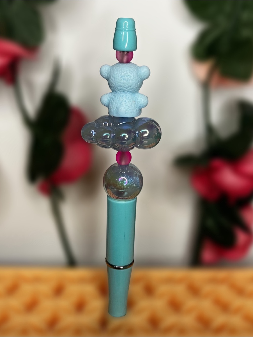Blue Pink Emo Bear on a Blue Cloud Kawaii Handmade Beaded Pen - Picture 2 of 8